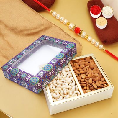 Ghasitaram Gifts Jaiccha Rakhi Gifts for Brothers 2 Part Printed Dryfruit Box of Cashews and Almonds with Pearl Beads Rakhi
