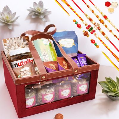 Ghasitaram Gifts Jaiccha Rakhi Gifts for Brothers Big Velvet Basket of 26 Goodies with 5 rakhis