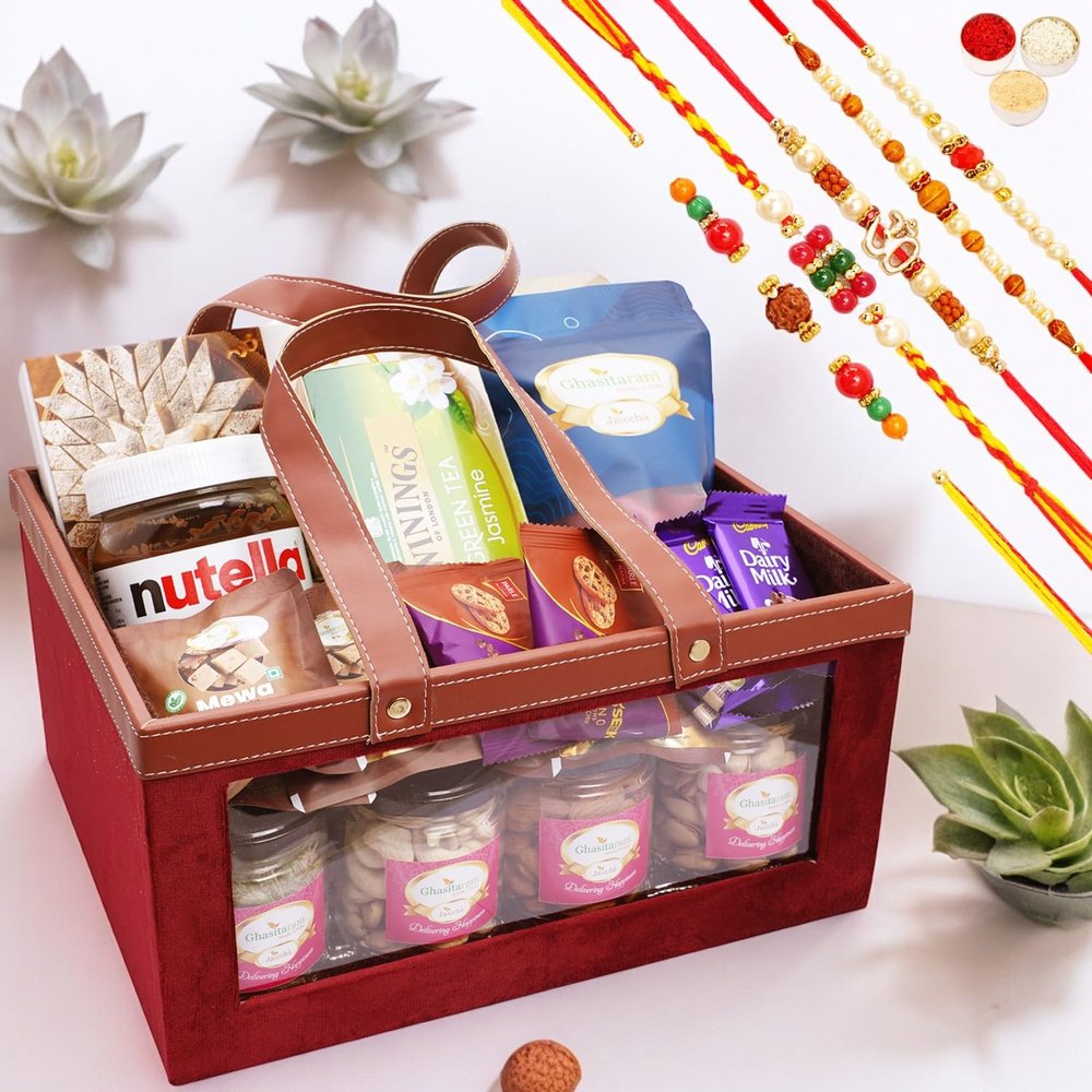 Ghasitaram Gifts Jaiccha Rakhi Gifts for Brothers Big Velvet Basket of 26 Goodies with 5 rakhis
