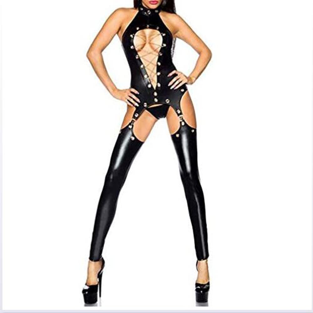 KRLZKID Women Sexy Lingerie Open Chest Faux Leather Bodysuit Stage Performance Uniforms,Black-XL