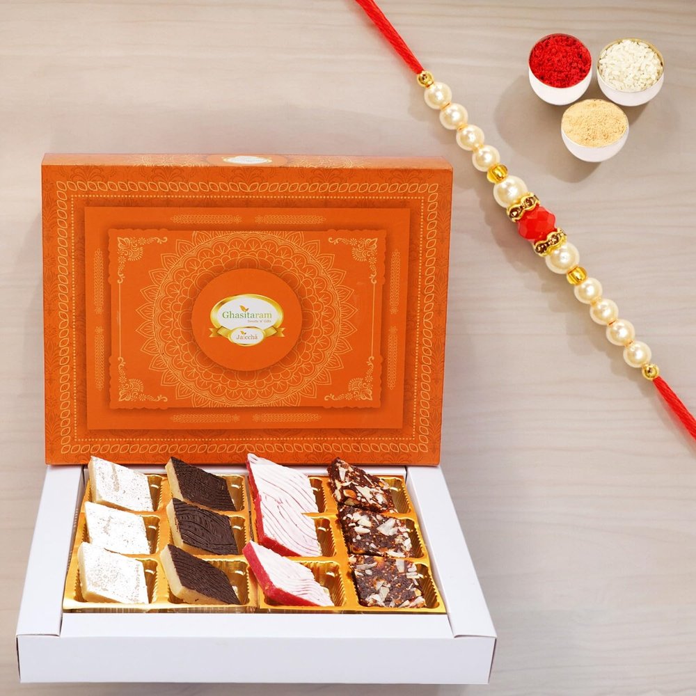 Ghasitaram Gifts Jaiccha Rakhi Gifts for Brothers Assorted Kaju Katlis 12 pcs with Pearl Beads Rakhi