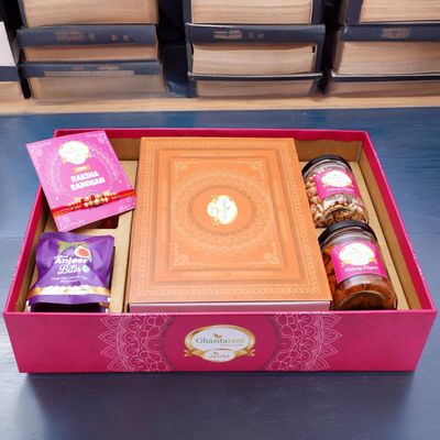 Ghasitaram Gifts Jaiccha Rakhi Gifts for Brothers Big Hamper Tray with Sugarfree Kaju Katli, 2 rakhis, Card, Wheat Puffs, Anjeer Bites, and Mixed Dryfruit Jar