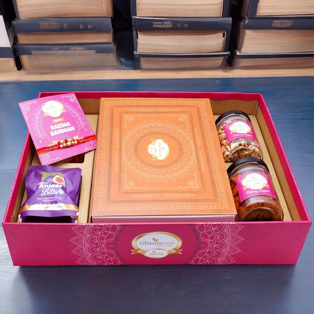 Ghasitaram Gifts Jaiccha Rakhi Gifts for Brothers Big Hamper Tray with Sugarfree Kaju Katli, 2 rakhis, Card, Wheat Puffs, Anjeer Bites, and Mixed Dryfruit Jar