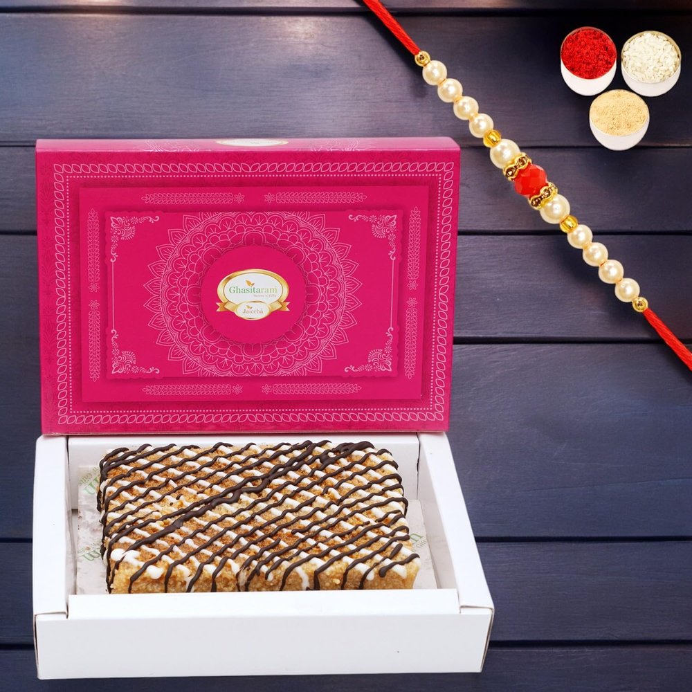 Ghasitaram Gifts Jaiccha Rakhi Gifts for Brothers Delicious Milk Cake with Chocolate with Pearl Beads Rakhi