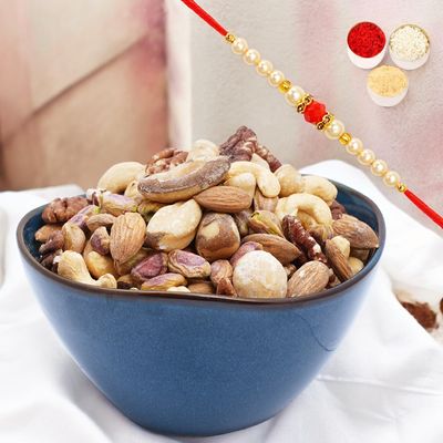Ghasitaram Gifts Jaiccha Rakhi Gifts for Brothers Salted Mix Premium Dryfruits 200 GMS with Pearl Beads Rakhi