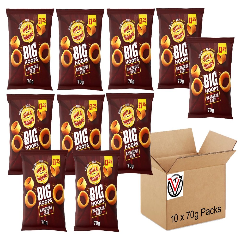 Hula Hoops Big Hoops Crisps 70g, PMP (10 Packs, BBQ Beef)