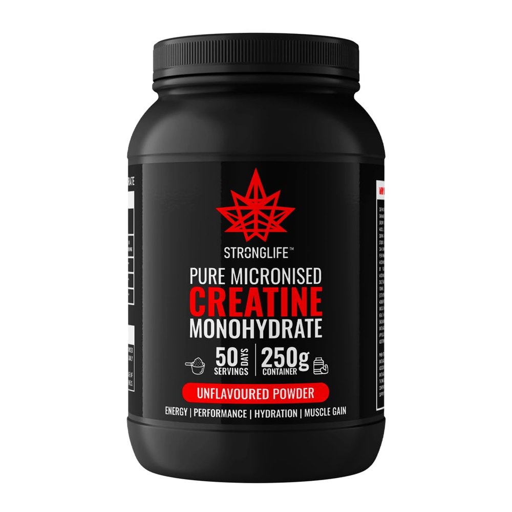 Creatine Monohydrate Powder by Stronglife - 250 Grams, 50 Servings at 5 Grams, Micronised, Pure 200 Mesh, Unflavoured - Enhances Muscle Performance Power & Recovery (250 Grams)