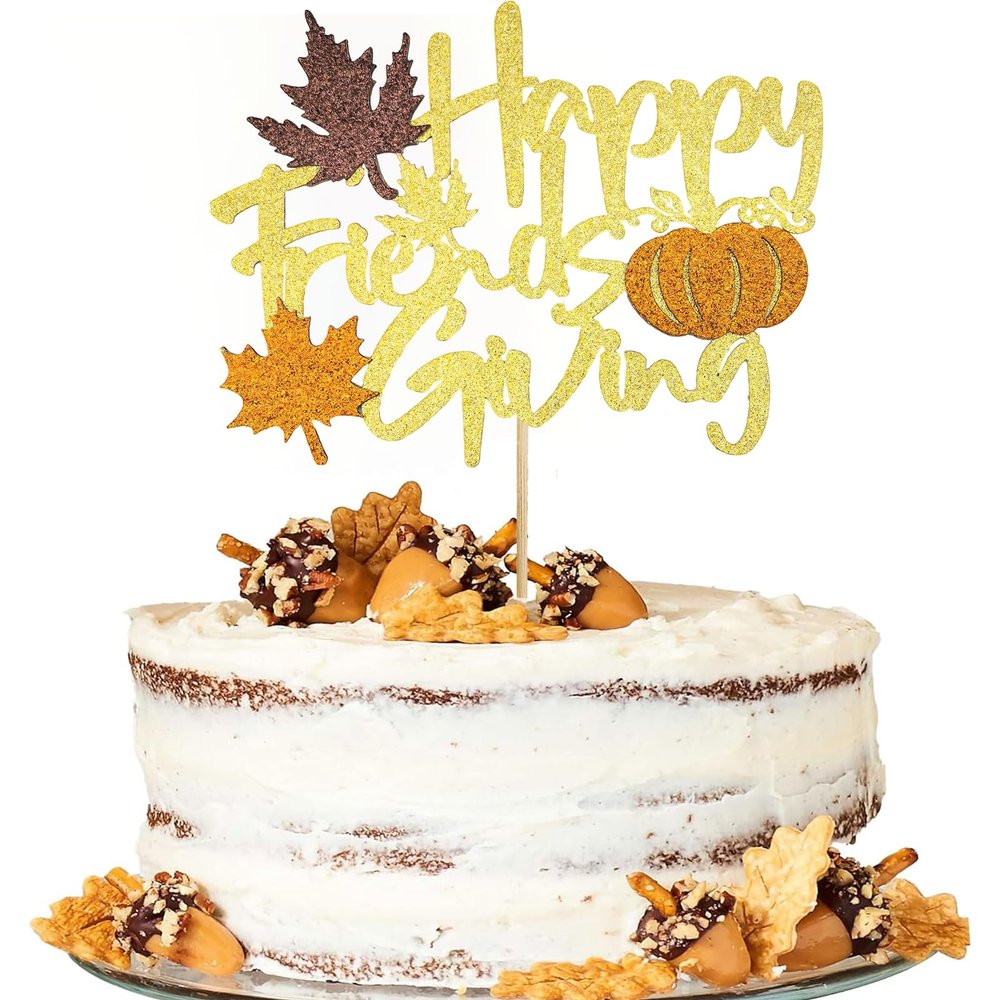 1 Pack Happy Friendsgiving Cake Topper Gold Glitter Thanksgiving Cake Topper Maple Leaf Pumpkin Cake Decoration Cake Picks for Fall Harvest Thanksgiving Day Friends Party Supplies (J)