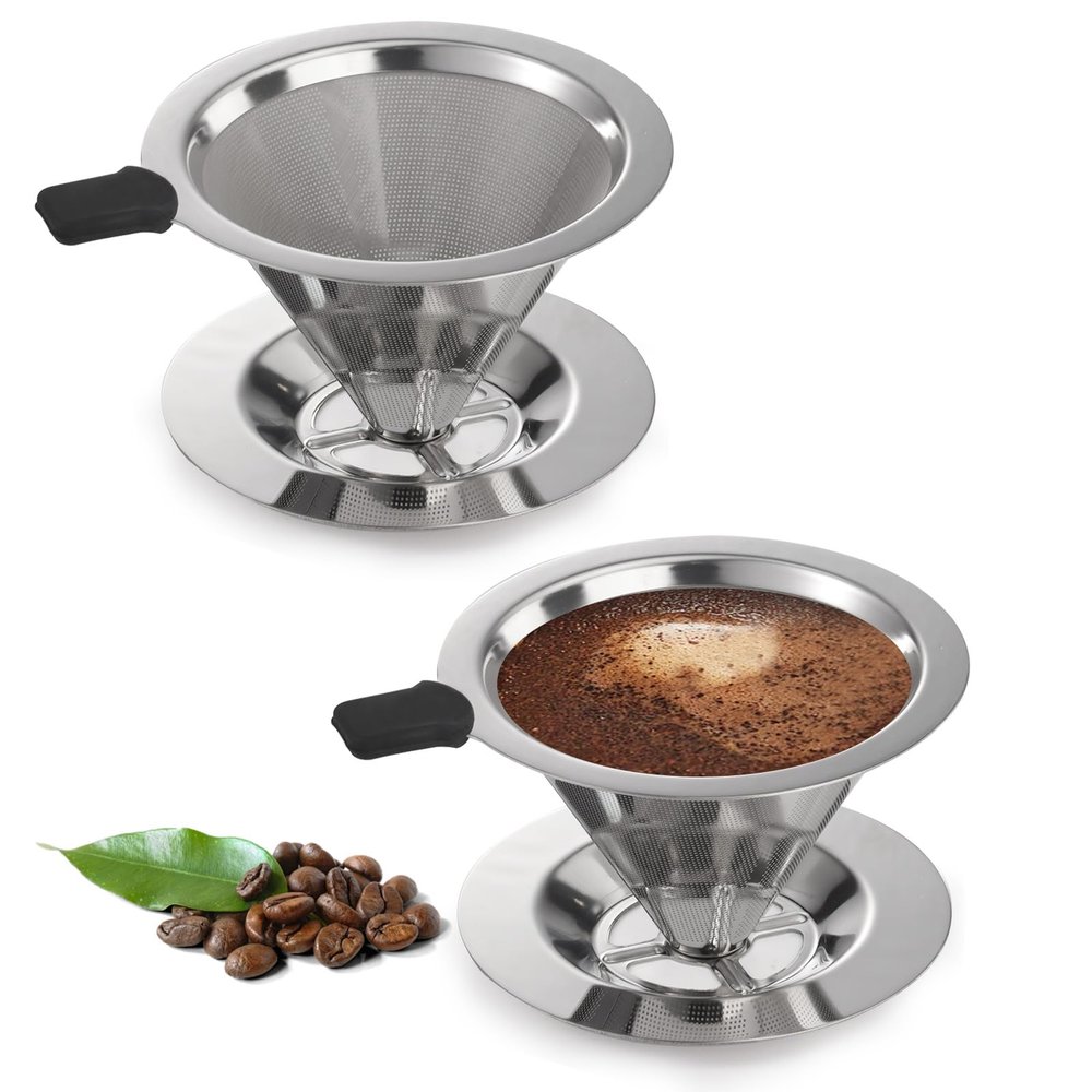 Sekonow 2Pcs Pour Over Coffee Dripper, Paperless Reusable Coffee Filter, Pour Over Coffee Maker for Single Cup Brew, Double Layer Stainless Steel Cone Strainer 1-2 Cup, Small