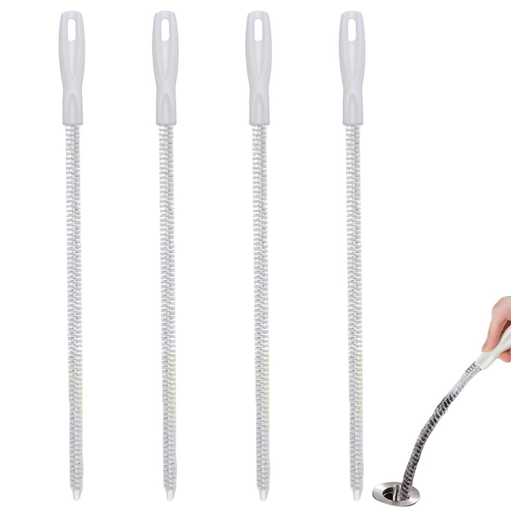Long-handled Cleaning Brush - 4 Sink Hair Cleaning Brush, Extra-long Drain Brush | Hangable Bendable 17.7 Inches Pipe Cleaner Brush For Toilet Clogged Drains (White)