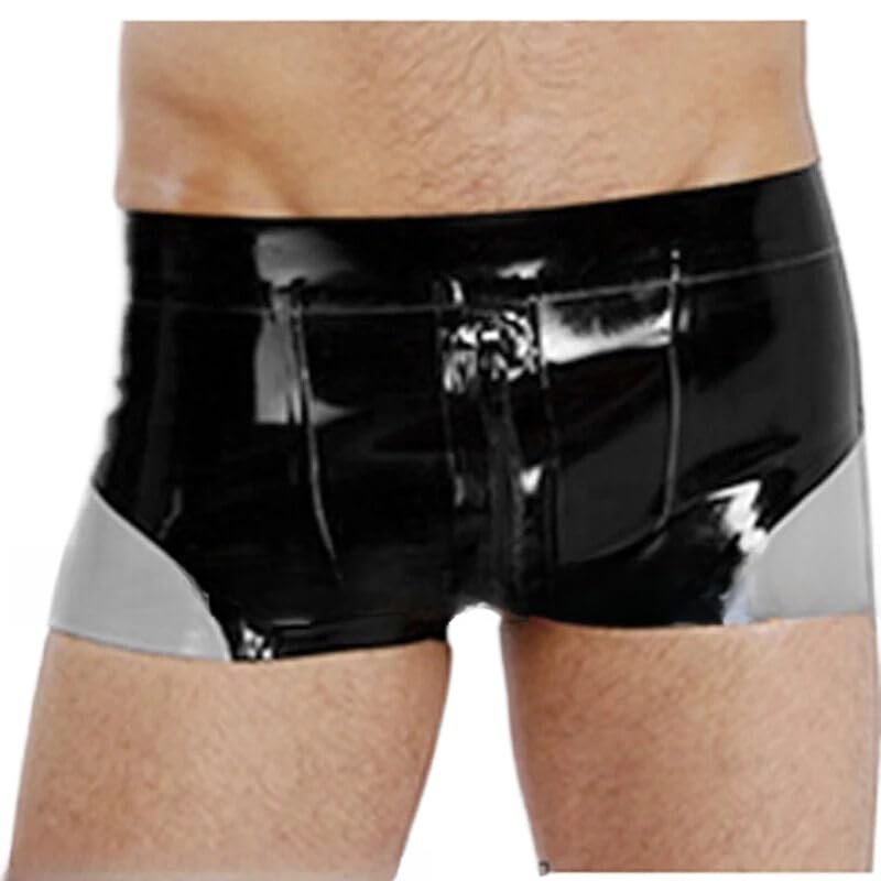 ASNAT Black And Silver Trims Sexy Latex Boxer Shorts With Wave Shape Front Zippers Rubber Underpants