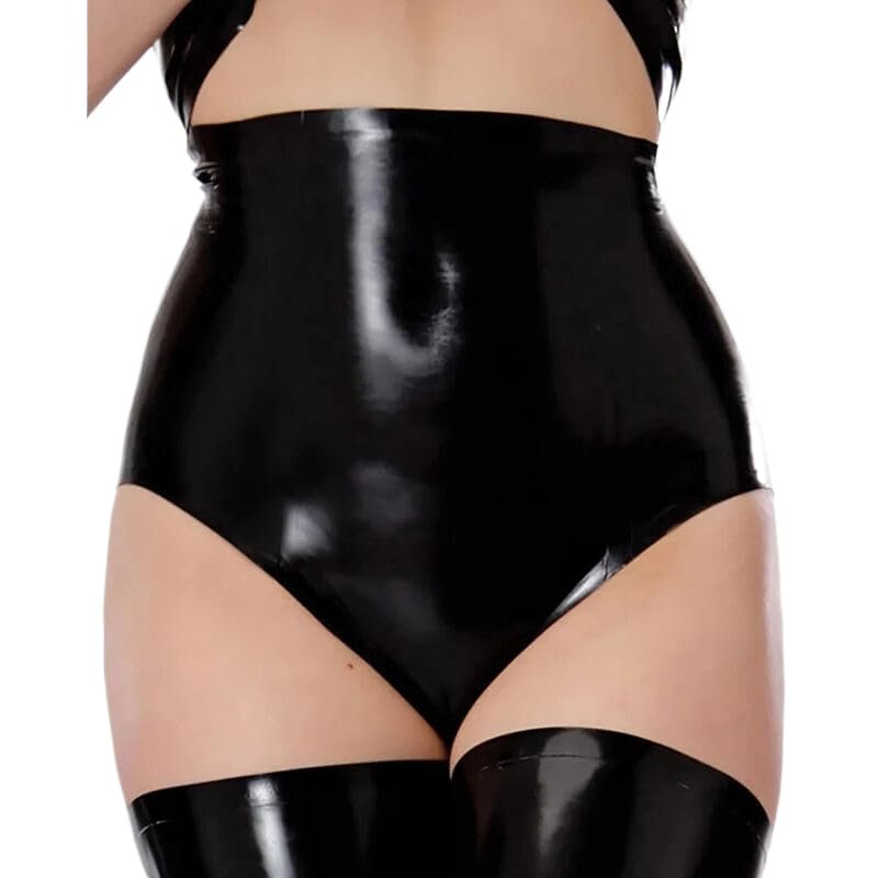 ASNAT Black High Waist Cut Leg Latex Boxer Shorts Rubber Panties Underwear Briefs Bottoms