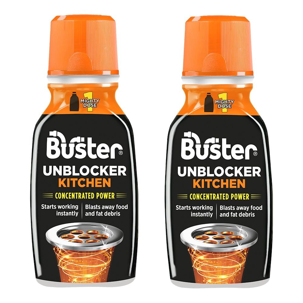 Buster Kitchen Plughole Unblocker (Pack of 2 x 150g) Fast-Acting Sink Unblocker Dissolves Fat, Food & Debris, Drain Cleaner Clears Blockages in Kitchen Sink Pipes - Made in UK
