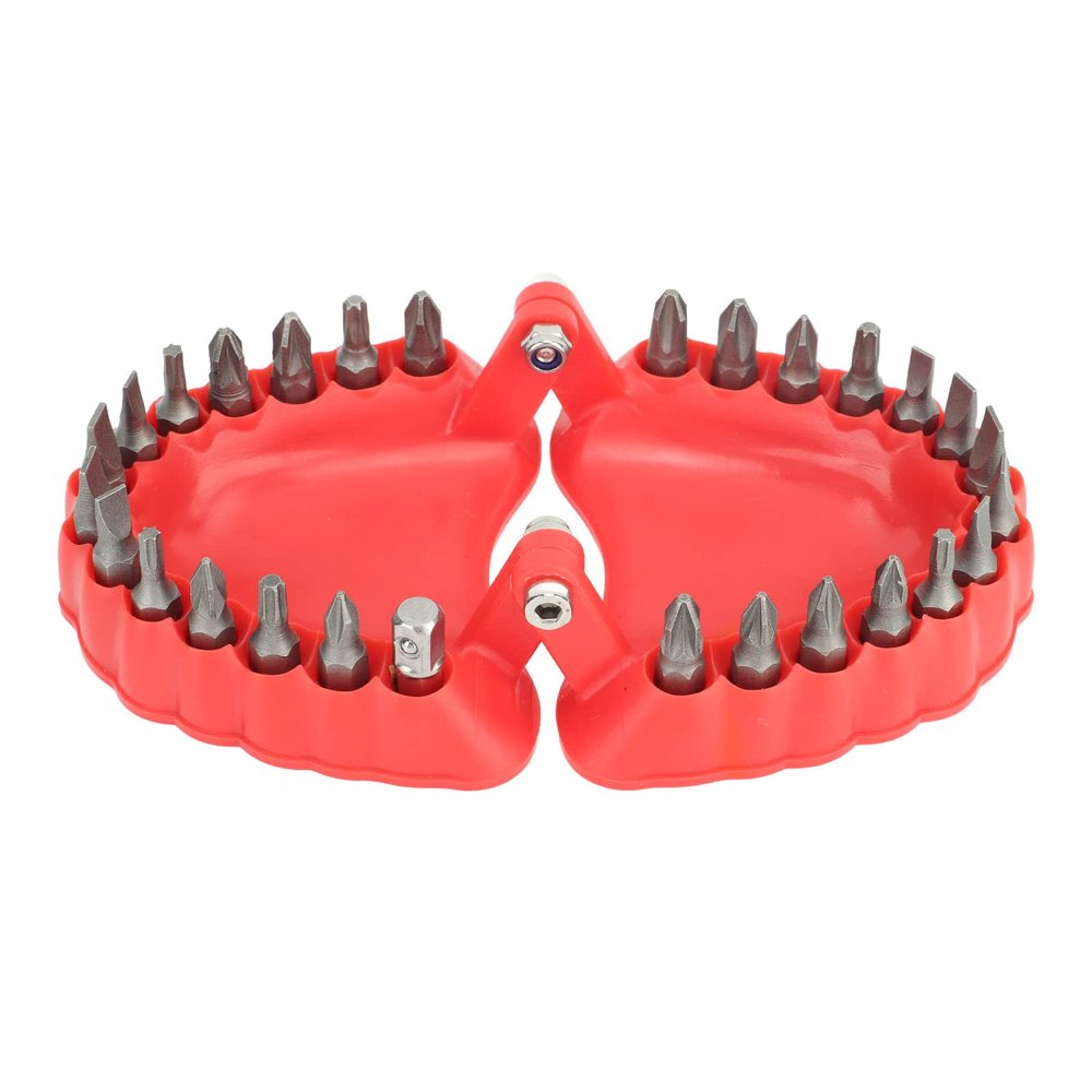 Denture Drill Bit Holder 3D Sculpture Desk Decor 2 in 1 Screwdriver & Desk Gadget with 28PCS Bits Red (Metal+Plastic)