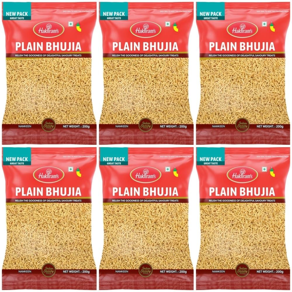 Haldiram's Plain Bhujia - 200g (Pack of 6) | Authentic Indian Snack | Crispy Gram Flour Sev | Perfect Tea-Time Savory
