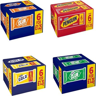 6 x 6 Milk Chocolate Biscuit Bars 6 x 6 Multipack, Gold, Club Mint, Club Orange, Penguin (Full box) (Penguin) Delicious Tasty And Twisty Treat