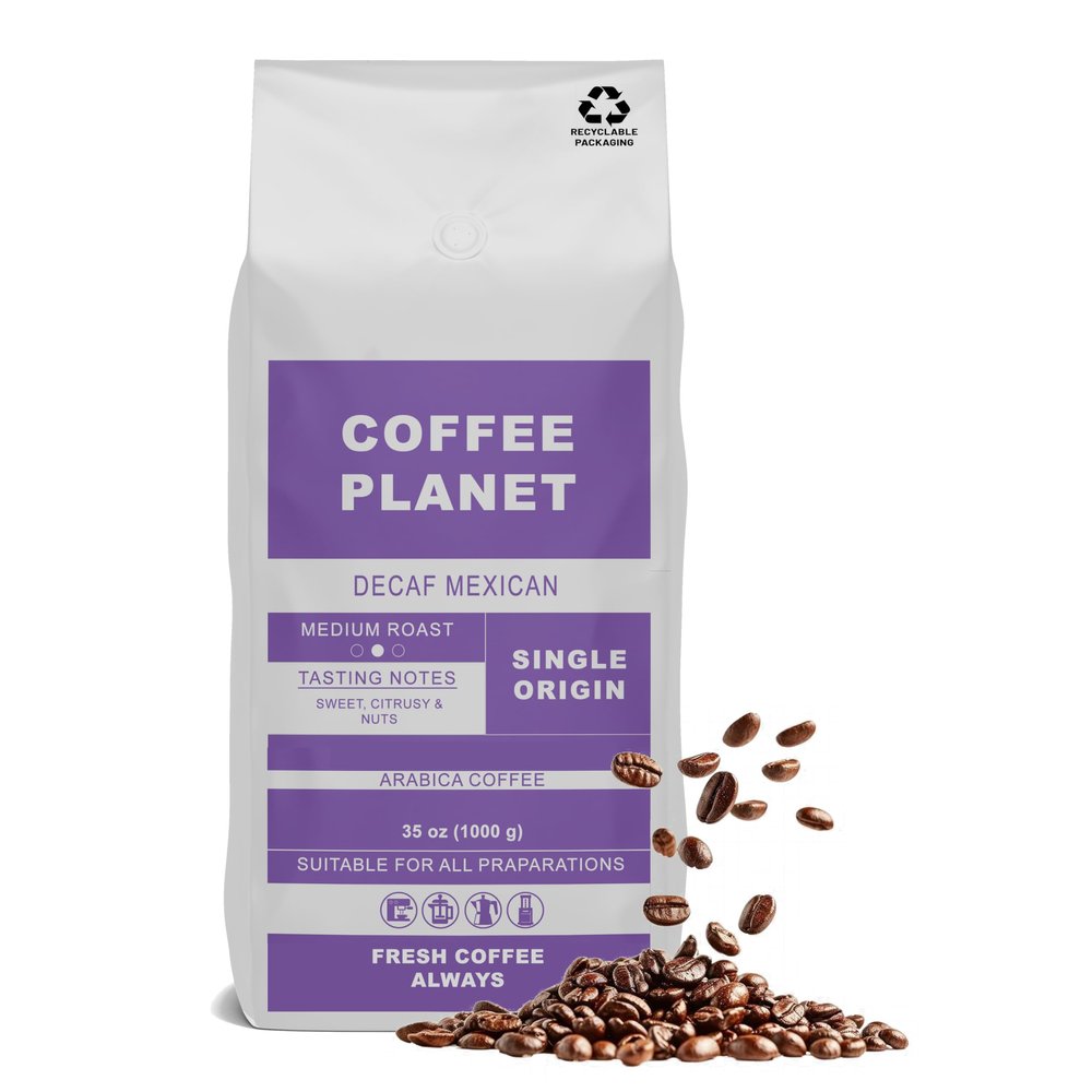 Coffee Planet | Mexican Decaf Coffee Beans - 1kg | Medium Roast Premium Arabica Coffee Beans | Rich Flavoured