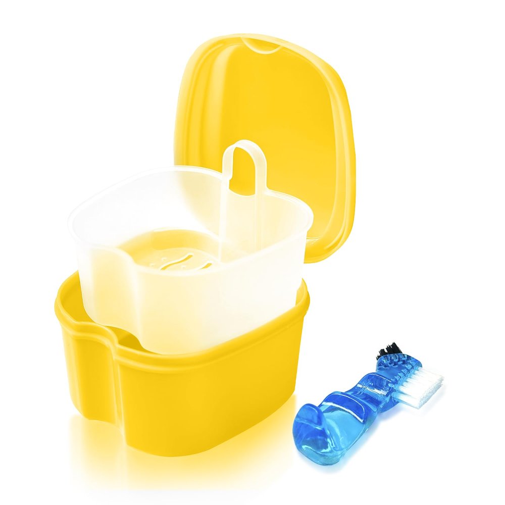 YunSchauen Denture Box Prosthesis Box Retainer Container Storage Box with Hanging Sieve for False Teeth Storage Cleaning Yellow