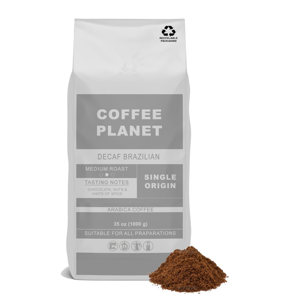 Coffee Planet | Decaf Brazilian Ground Coffee - 1kg | Medium Roast | Made from Arabica Coffee Beans | Rich Flavoured