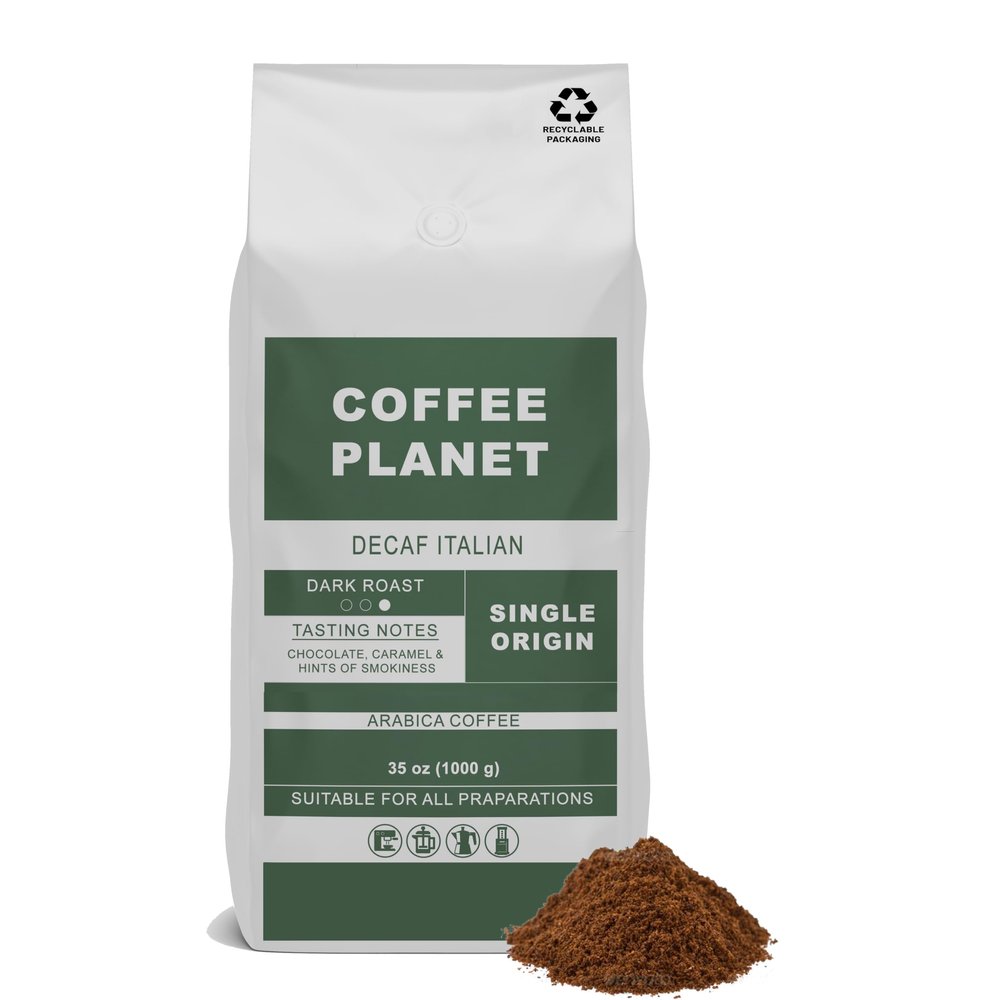 Coffee Planet | Italian Decaf Ground Coffee - 1kg | Dark Roast | Made from Arabica Coffee Beans | Rich Flavoured