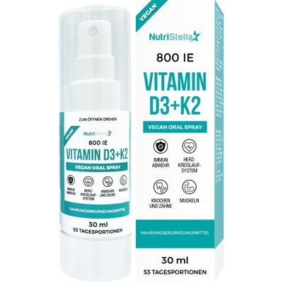 NutriStella Vegan Vitamin D3 K2 - Spray - Premium Quality: MenaQ7 Pharma Pure All Trans - High Dose - High Bioavailability - Immunity - Muscles - Bones - Heart - Fast Acting and Easy