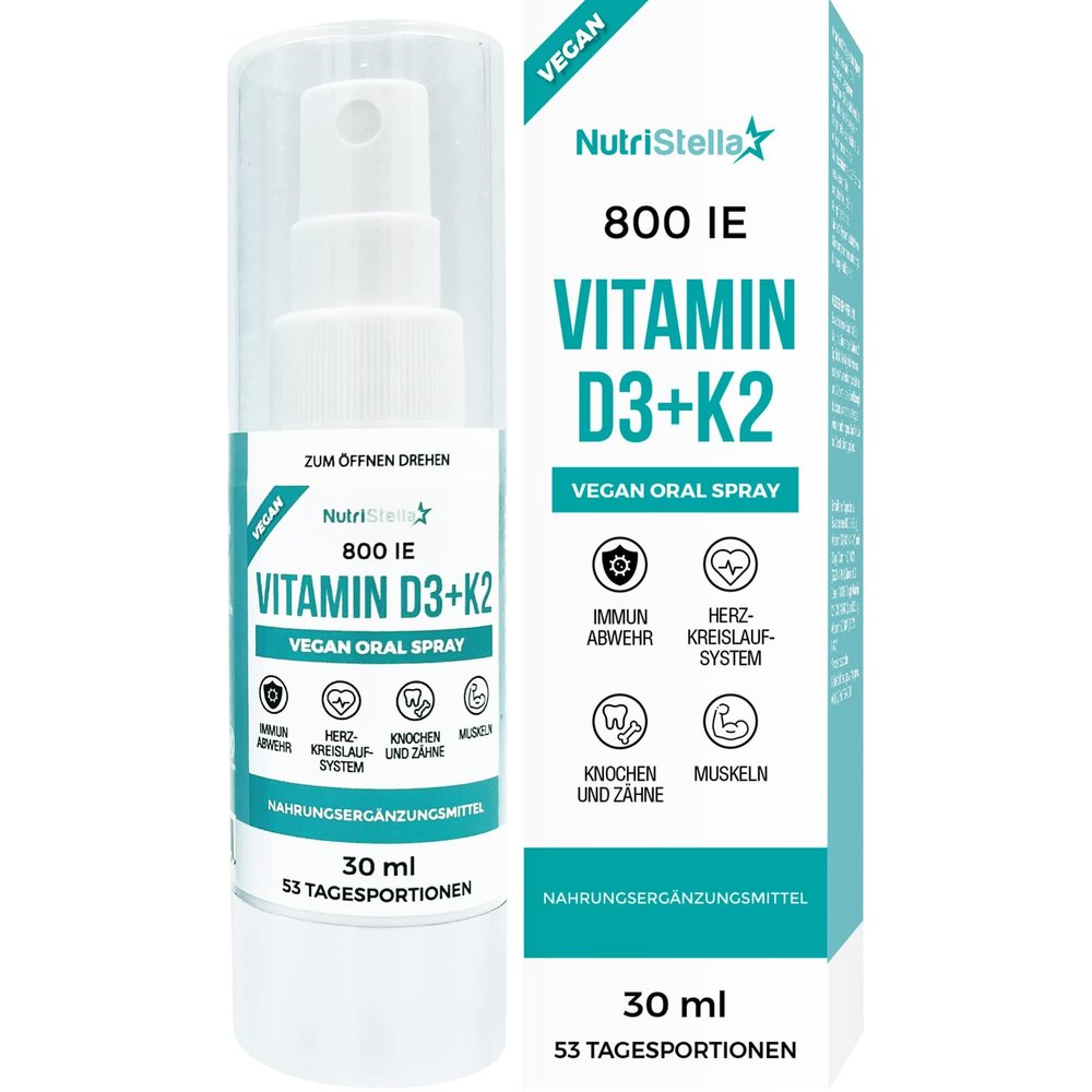 NutriStella Vegan Vitamin D3 K2 - Spray - Premium Quality: MenaQ7 Pharma Pure All Trans - High Dose - High Bioavailability - Immunity - Muscles - Bones - Heart - Fast Acting and Easy