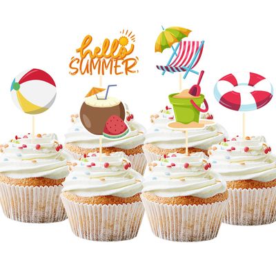 30 Pack Summer Beach Cupcake Toppers Hello Summer Birthday Cupcake Picks Party Decorations Hawaii Beach Theme Birthday Party Cake Decorations (Beach)