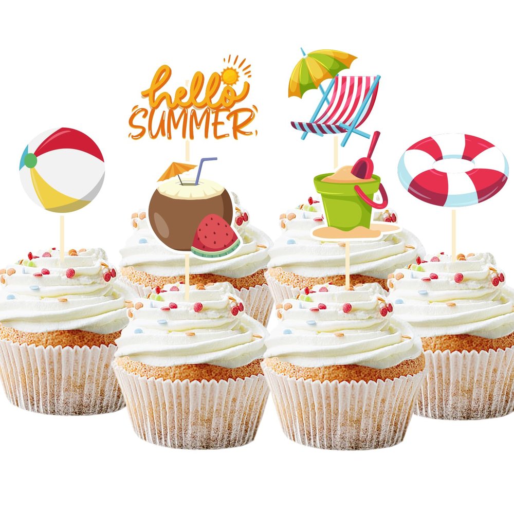 30 Pack Summer Beach Cupcake Toppers Hello Summer Birthday Cupcake Picks Party Decorations Hawaii Beach Theme Birthday Party Cake Decorations (Beach)