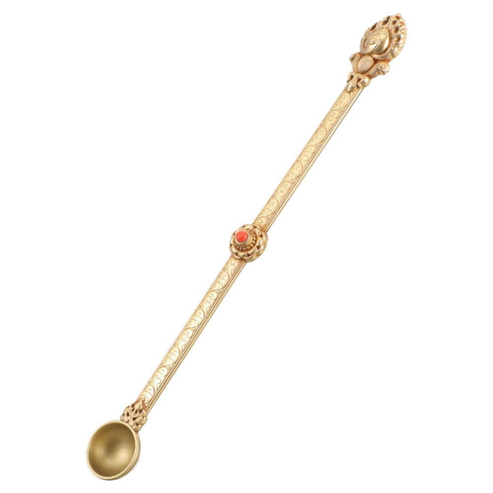 MOLUCKFU Intricately Carved Brass Ghee Spoon for Rituals, Offering Oblations the Fire, Ethnic Antique Style Hawan Spoon with Fine Figure, for Religious Ceremonies and Spiritual Use