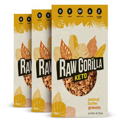 Raw Gorilla Keto Peanut Butter Granola 3 Pack of 250g | Low Sugar, Vegan, No Added Sugar, Low Carb 4g Net Carbs, Plant Based Breakfast Cereal with Activated Nuts, Grain & Gluten Free