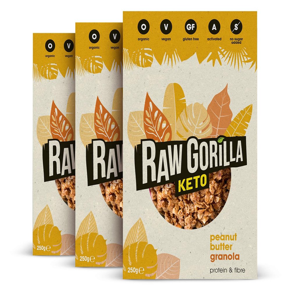 Raw Gorilla Keto Peanut Butter Granola 3 Pack of 250g | Low Sugar, Vegan, No Added Sugar, Low Carb 4g Net Carbs, Plant Based Breakfast Cereal with Activated Nuts, Grain & Gluten Free