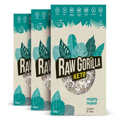Raw Gorilla Keto Mighty Muesli 3 Packs of 250g | Low Sugar, Vegan, No Added Sugar, Low Carb 4g Net Carbs, Plant Based Breakfast Cereal with Activated Nuts, Grain & Gluten Free