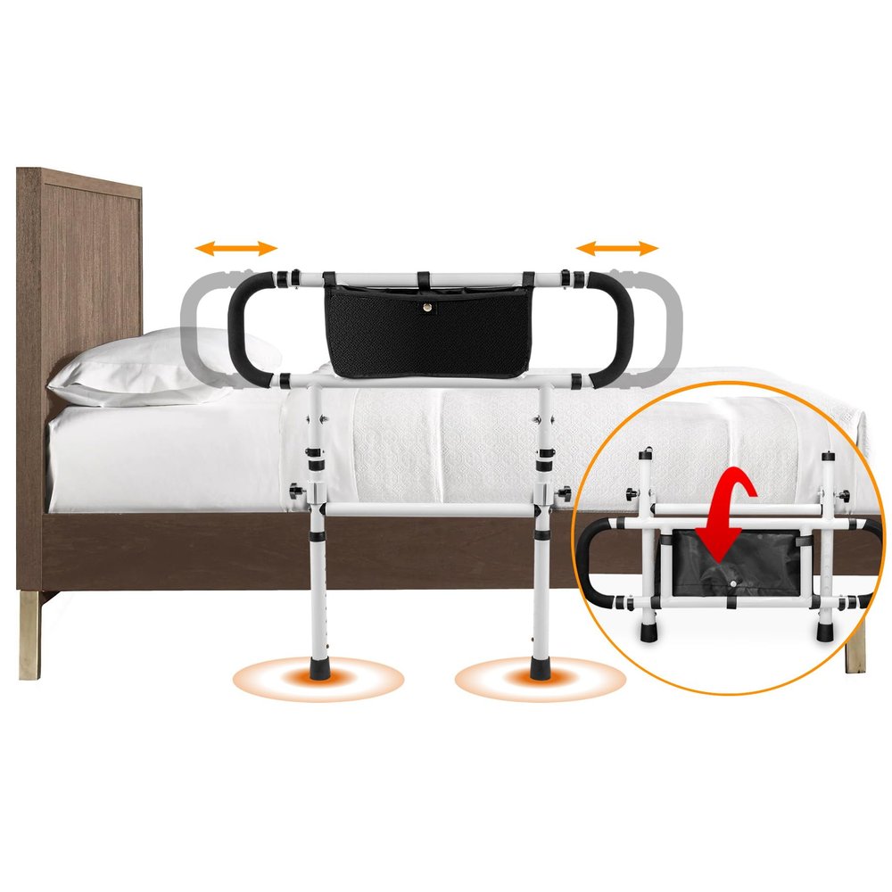 YLFBDD Bed Rails for Elderly Adults with Adjustable Heights & Extendable Dual Side Handles, Foldable Bed Assist Bar for Fall Prevention, Heavy Duty Bed Rail Fits King, Queen, Full, Twin Bed