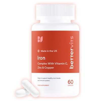 Bettervits Iron Tablets High Strength | Iron Supplements for Women and Men - Ferrous Bisglycinate Formulation | Active Vitamins C, B6, B9, B12, Zinc, Copper | Energy and Vitality - 60 Capsules