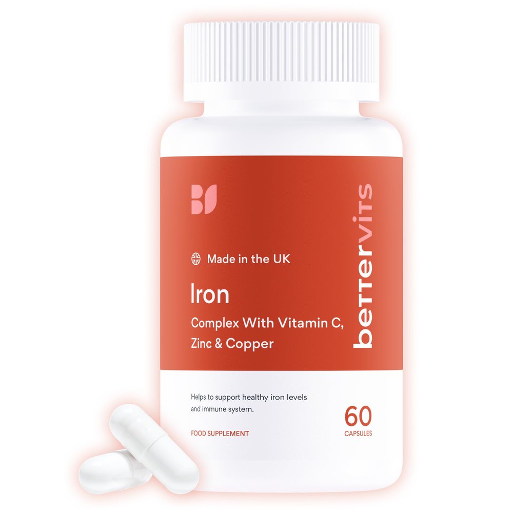 Bettervits Iron Tablets High Strength | Iron Supplements for Women and Men - Ferrous Bisglycinate Formulation | Active Vitamins C, B6, B9, B12, Zinc, Copper | Energy and Vitality - 60 Capsules