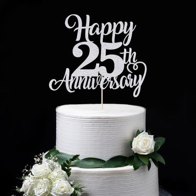 FmiyunEea Happy 50th Anniversary Cake Toppers, Wedding Anniversary Party Decorations, Gold Wedding Party, for 50th Wedding, Company Anniversary, Birthday Party (25th silver)