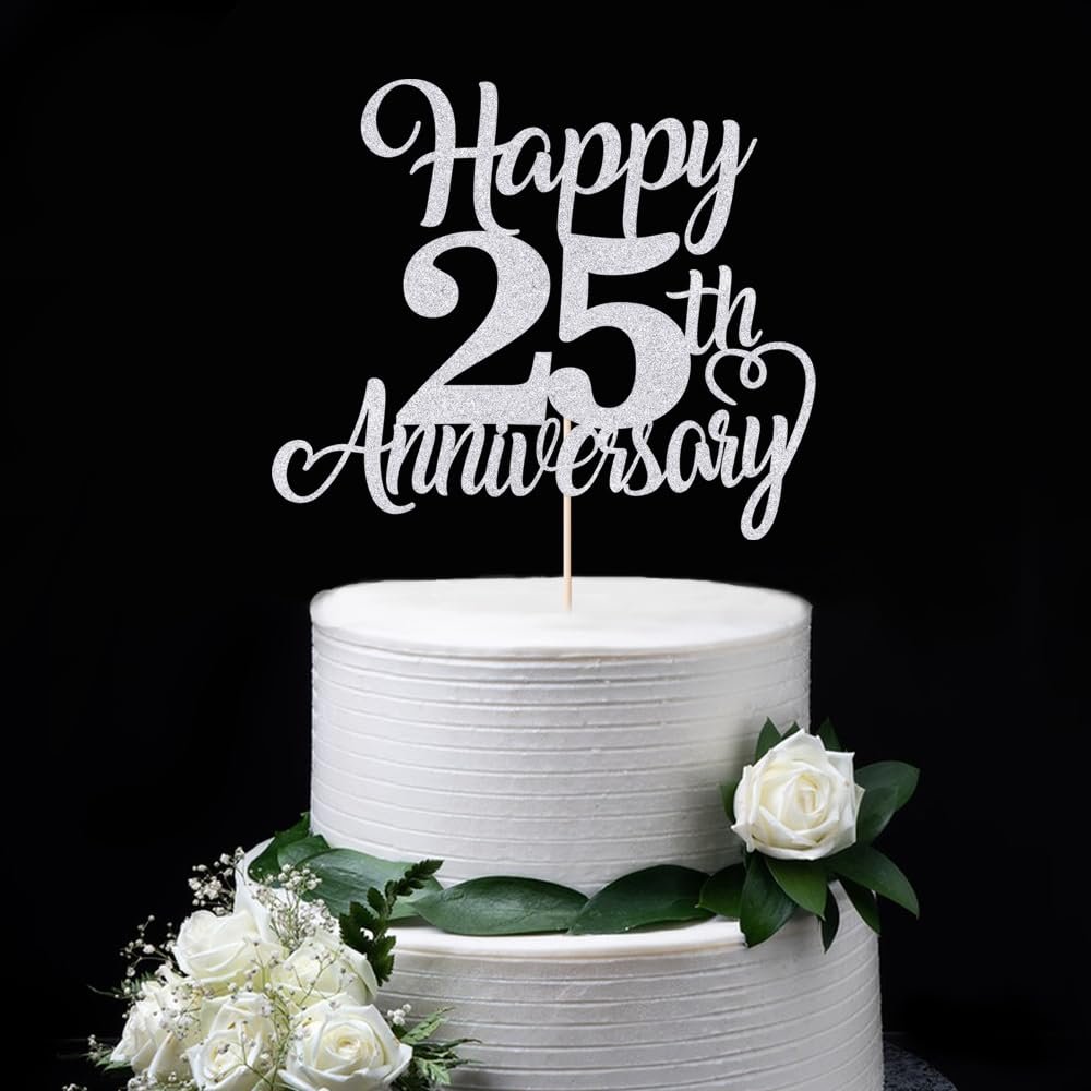 FmiyunEea Happy 50th Anniversary Cake Toppers, Wedding Anniversary Party Decorations, Gold Wedding Party, for 50th Wedding, Company Anniversary, Birthday Party (25th silver)