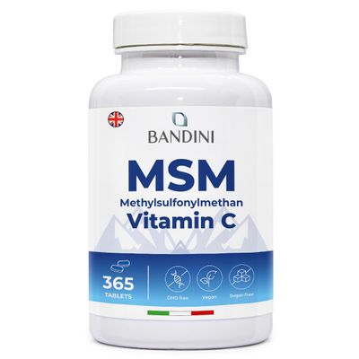 Bandini MSM 2000 mg - 365 High Strength Vegan Tablets - Methylsulfonylmethane and Vitamin C - Supplement for Joints, Skin, Hair, Nails & Collagen Building - Non-GMO, No Preservatives, No Additives