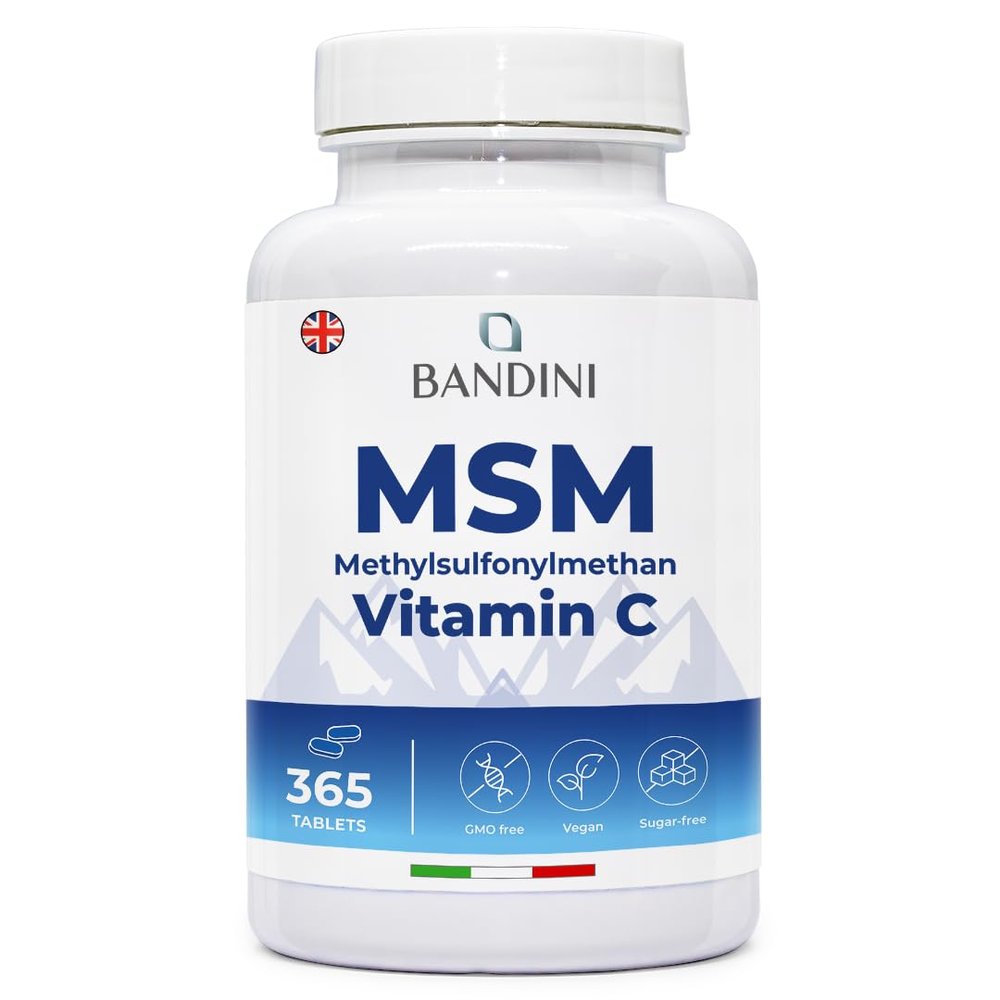 Bandini MSM 2000 mg - 365 High Strength Vegan Tablets - Methylsulfonylmethane and Vitamin C - Supplement for Joints, Skin, Hair, Nails & Collagen Building - Non-GMO, No Preservatives, No Additives