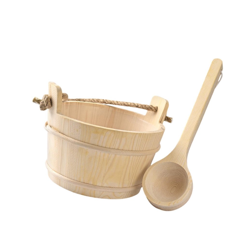 FreshCart Basics Wooden Sauna Barrel and Ladle 4L Large Capacity Sturdy Hot Tub Barrel SPA Steaming Room Tool Bath Supplies for SPA Sauna Room