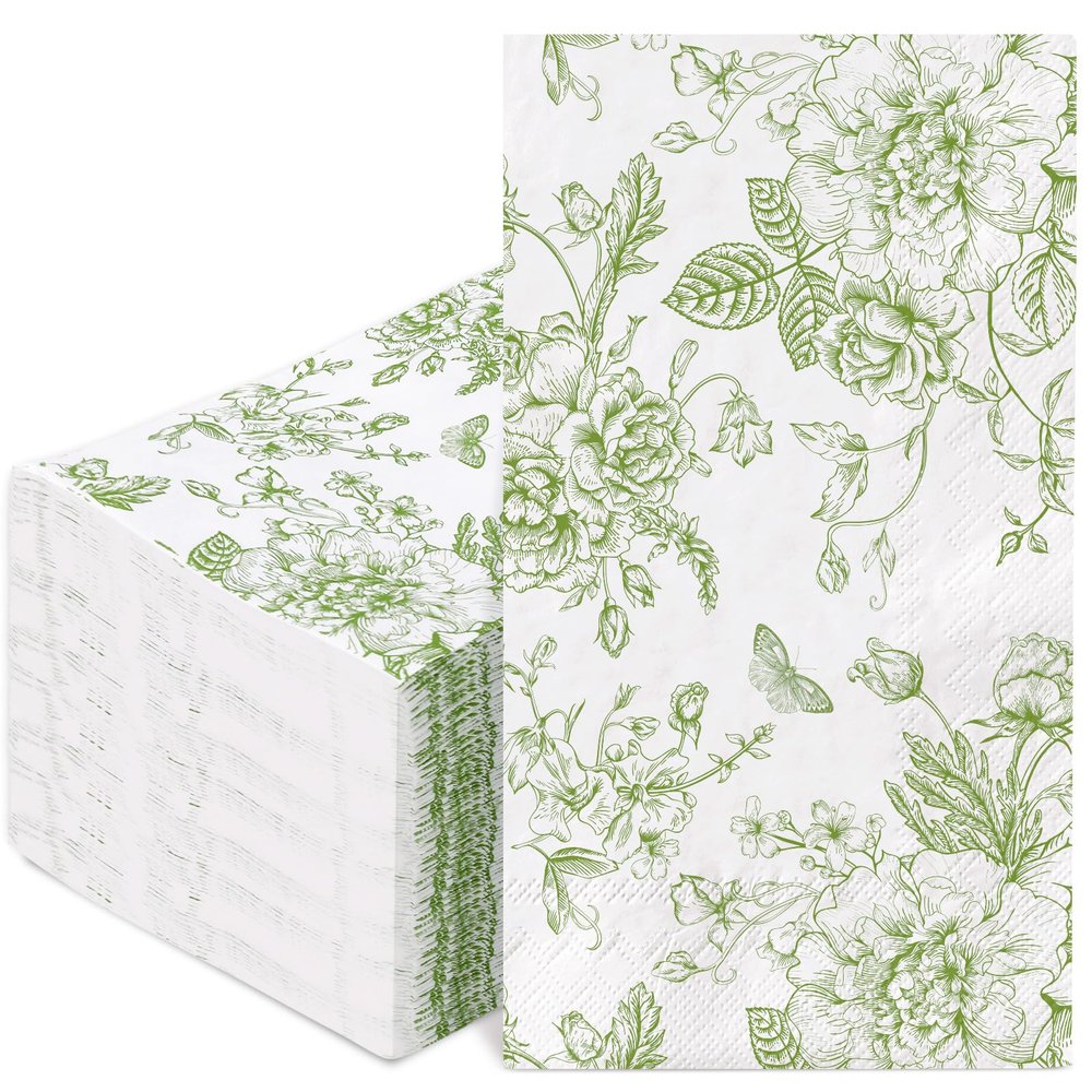 100Pcs Floral Guest Napkins Disposable Green Wildflower Paper Napkins Green Flower Dinner Hand Napkin for Party Supplies Table Decorations