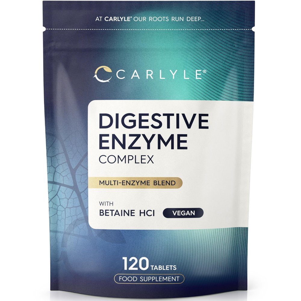 Digestive Enzyme Supplements with Betaine Hydrochloride | 120 Tablets | Complex with Lactase, Amylase & Lipase | Suitable for Vegetarians and Vegans | by Carlyle