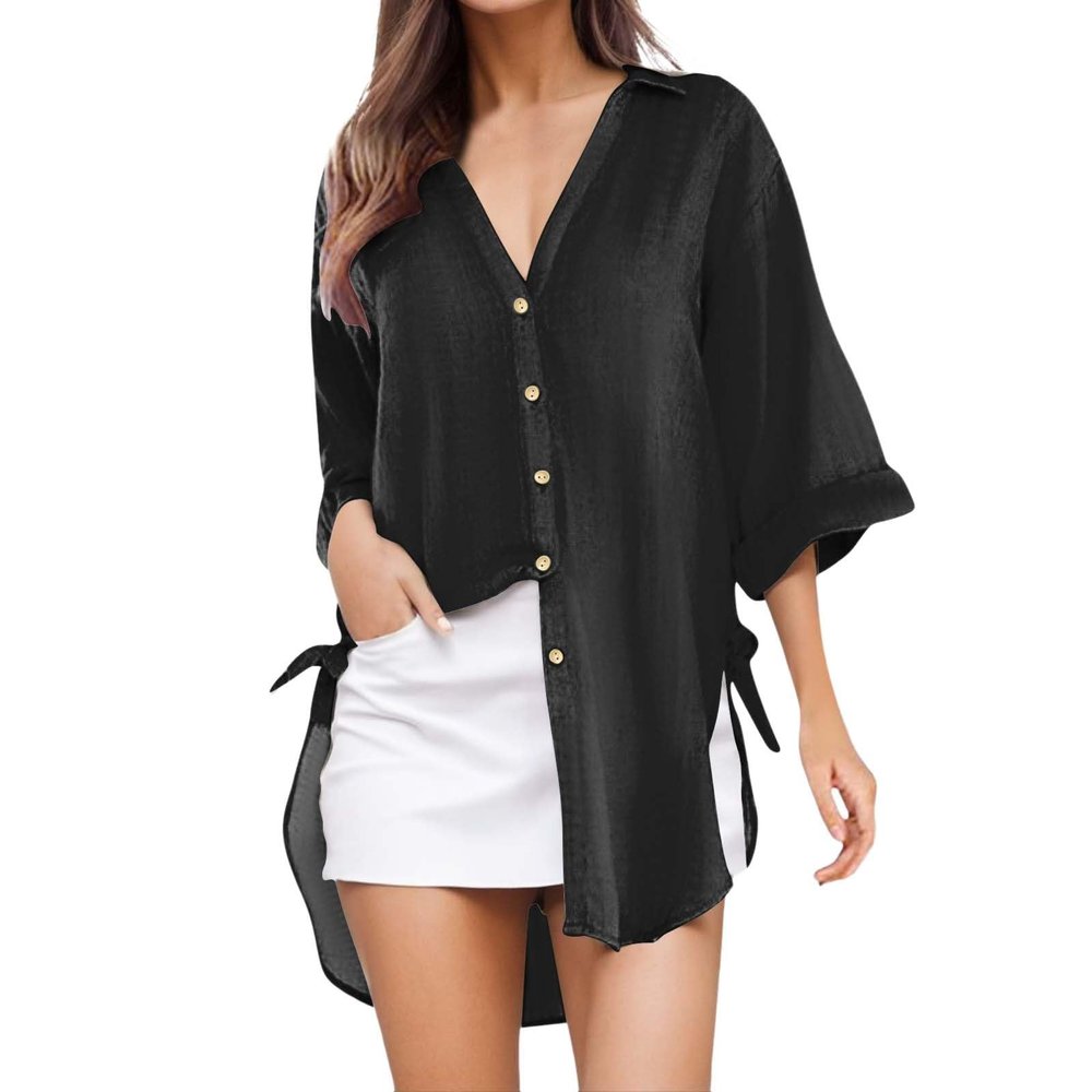 WILLBEST Casual Womens Winter Clothes Cotton-Blend Checked Shirt Jeans Jacket for Women Flare and Flowy tie Front Xmas Graphic Button Down Black and White Striped Jumper y2k Jacket Jumper for Men