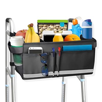 Aliseniors Walker Basket Walker Bag with Cup Holder - Multi Pockets Basket for Walker for Seniors - Big Capacity & Never Tipping Over Walkers Storage Bag, Universal Folding Walker Accessories - Black