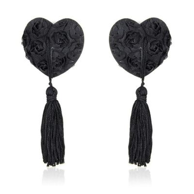 1 Pair Women Sexy Sequin Nipple Covers With Tassels Heart Shape Nipple Stickers Sex Product Chest Stickers Reusable Breast Pasties (Black)