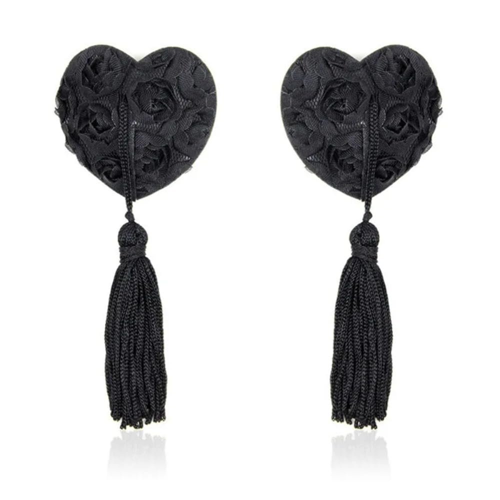 1 Pair Women Sexy Sequin Nipple Covers With Tassels Heart Shape Nipple Stickers Sex Product Chest Stickers Reusable Breast Pasties (Black)