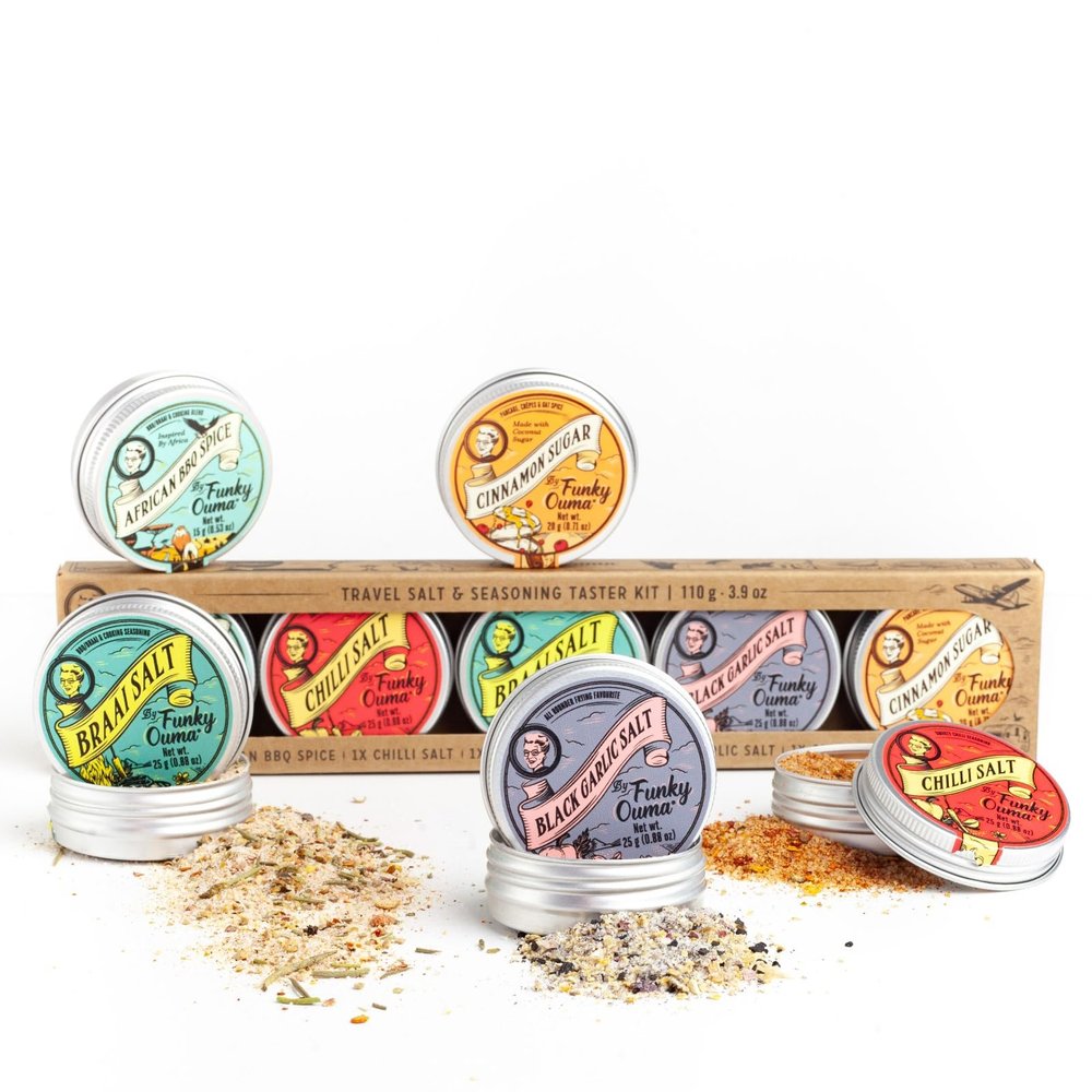 Funky Ouma Taster Food Gift Set 150g - 5 Different South African All Purpose Seasonings - Spices for Cooking, Gifts for Men, Braai Salt, Flavourful BBQ Rubs for Steak, Grilling & Cooking