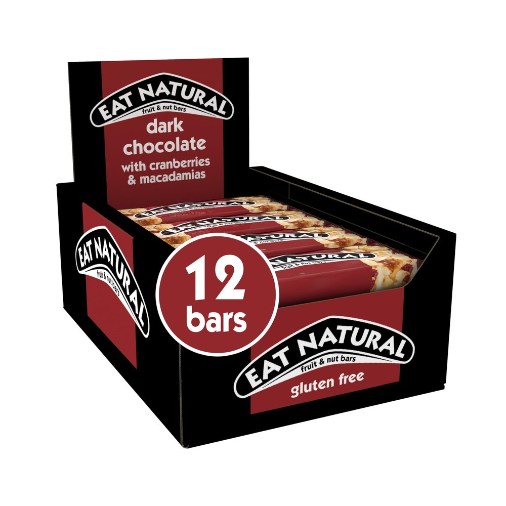 Eat Natural Fruit & Nut Bars - Dark Chocolate with Cranberries & Macadamias - Gluten Free, High Fibre Snacks - Breakfast & Office Treats - Bulk Multipack 12 x 40g