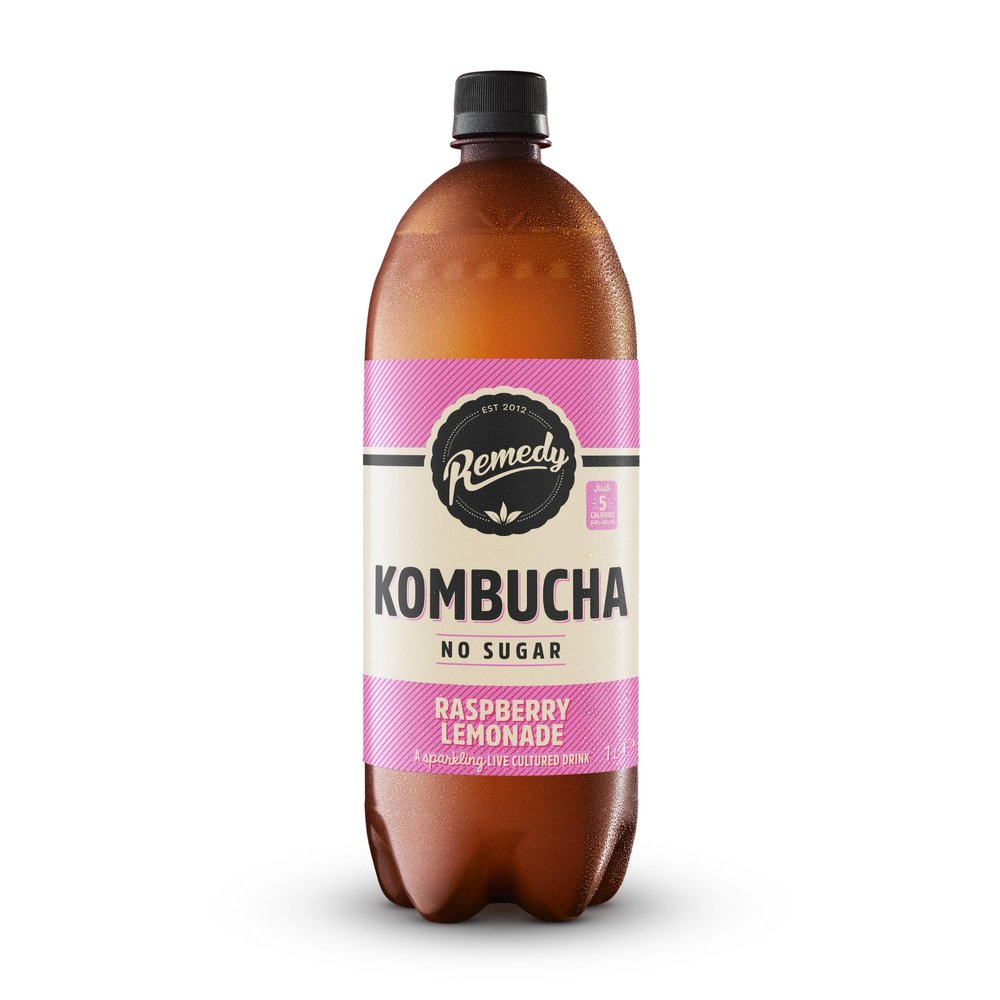 Remedy Kombucha Tea - Raspberry Lemonade - Sparkling Live Cultured, Naturally Sugar Free Soft Drink - Probiotic for Gut Health - 1 x 1L Bottle