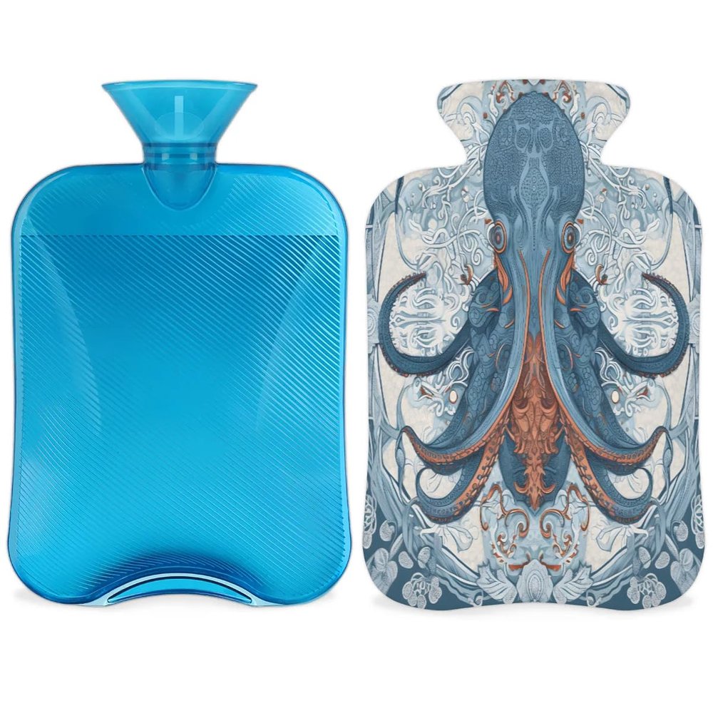 Vintage Flower Octopus Hot Water Bottle with Cover 2L Large Capacity Bottle Water Bag for Cosy Nights Relief Pain Back Neck and Shoulders